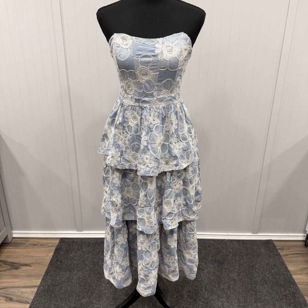 Sofie the Label Women's Small Blue Sleeveless Blue Floral Embroidered Maxi Dress